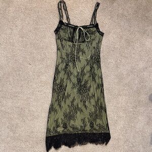 Cider Green and Black Lace Slip Dress